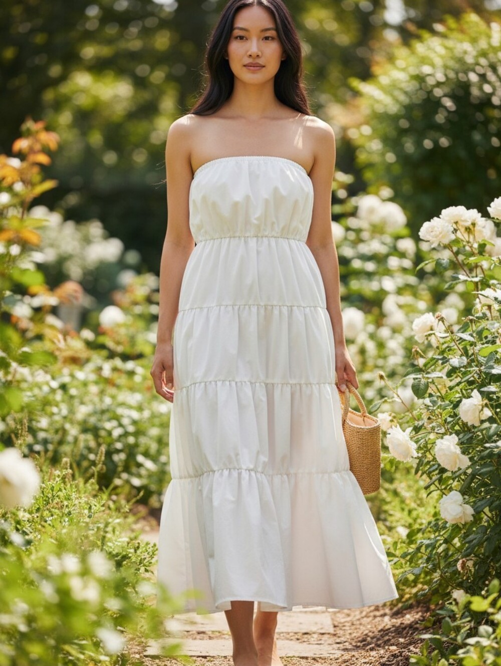 LEAU White Ruched Strapless Maxi Dress Womens XS Tiered Tube Dress